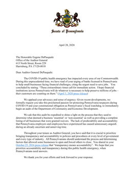 April 28, 2020 the Honorable Eugene Depasquale Office of the Auditor