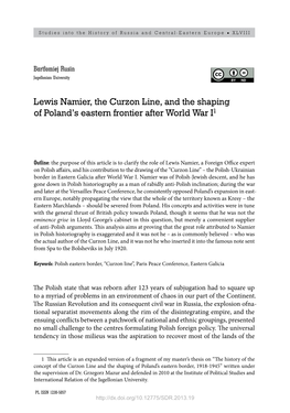 Lewis Namier, the Curzon Line, and the Shaping of Poland's Eastern