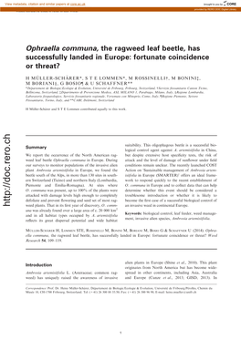 Ophraella Communa, the Ragweed Leaf Beetle, Has Successfully Landed in Europe: Fortunate Coincidence Or Threat?