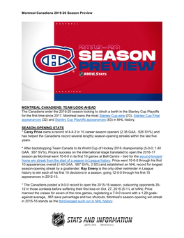 Montreal Canadiens 2019-20 Season Preview