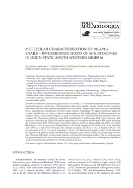 Molecular Characterisation of Bulinus Snails – Intermediate Hosts of Schistosomes in Ogun State, South-Western Nigeria