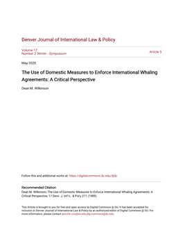 The Use of Domestic Measures to Enforce International Whaling Agreements: a Critical Perspective