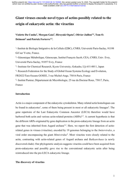 Giant Viruses Encode Novel Types of Actins Possibly Related to the Origin of Eukaryotic Actin: the Viractins