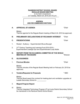 RAINBOW DISTRICT SCHOOL BOARD REGULAR BOARD MEETING to Be Held in Boardroom on Tuesday, March 24, 2015 at 5:15 P.M