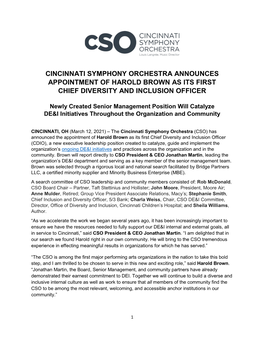 Cincinnati Symphony Orchestra Announces Appointment of Harold Brown As Its First Chief Diversity and Inclusion Officer