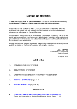 A MEETING of the PUBLIC SAFETY COMMITTEE Will Be Held As a Virtual Meeting by MICROSOFT TEAMS on THURSDAY 26 AUGUST 2021 at 10:00Am