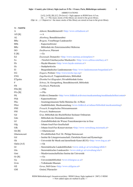 Such As: F-Pn = France, Paris, Bibliothèque Nationale) 1 ABBREVIATIONS: [A/I], [A/II], [B], [C], [N-Grove] = Sigla Appears in RISM Serie A/I Etc