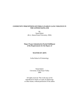 Community Perceptions of Indo-Canadian Gang Violence in the Lower Mainland