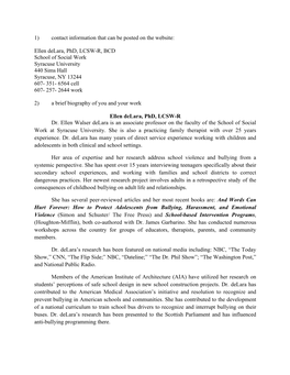 Ellen Delara, Phd, LCSW-R, BCD School of Social Work Syracuse University 440 Sims Hall Syracuse, NY 13244 607- 351- 6564 Cell 607- 257- 2644 Work