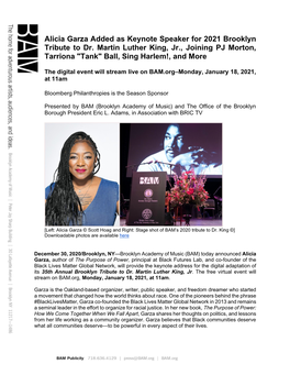 Alicia Garza Added As Keynote Speaker for 2021 Brooklyn Tribute to Dr