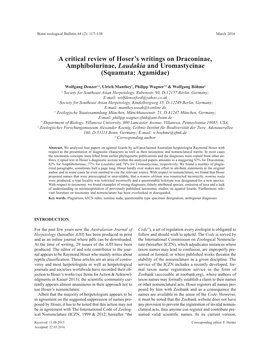 A Critical Review of Hoser's Writings on Draconinae, Amphibolurinae