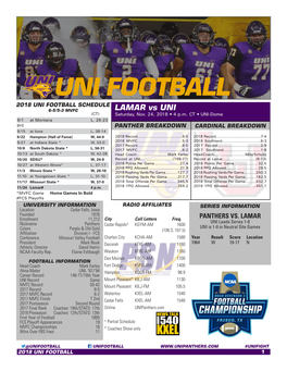 UNI FOOTBALL 2018 UNI FOOTBALL SCHEDULE 6-5/5-3 MVFC LAMAR Vs UNI (CT) Saturday, Nov