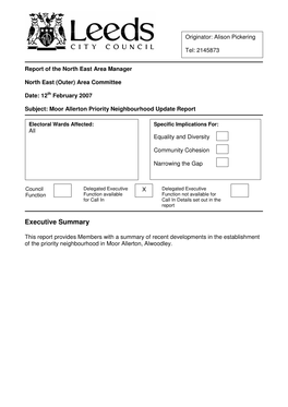 Moor Allerton Priority Neighbourhood Update Report