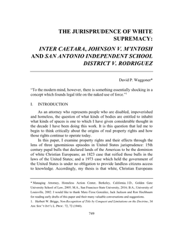 The Jurisprudence of White Supremacy: Inter Caetara, Johnson V. M'intosh