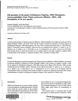 Gill Parasites of Genus Cichlidogyrus Paperna, 1960 (Monogenea