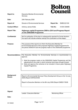 Highways Capital Programme 2009 to 2014 and Progress Report on the 2008/2009 Programme