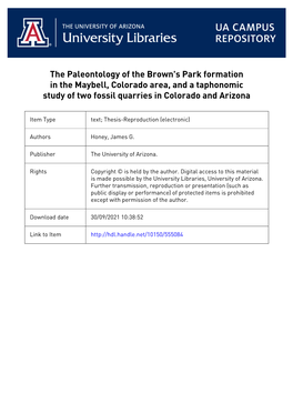 The Paleontology of the Brown's Park Formation in the Maybell, Colorado Area, and a Taphonomic Study of Two Fossil Quarries in Colorado and Arizona