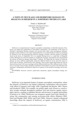 A Note on Mucilage and Herbivore Damage on Brasenia Schreberi in a Northern Michigan Lake