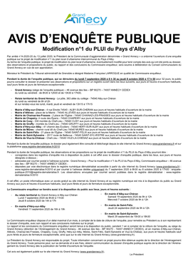 Annecy » a Ordonné L’Ouverture D’Une Enquête Publique Sur Le Projet De Modification N°1 Du Plan Local D’Urbanisme Intercommunal Du Pays D’Alby