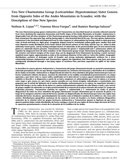 Loricariidae: Hypostominae) Sister Genera from Opposite Sides of the Andes Mountains in Ecuador, with the Description of One New Species