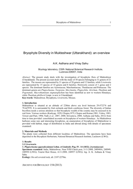 Bryophyte Diversity in Mukteshwar (Uttarakhand): an Overview