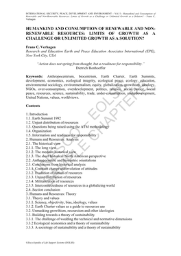 Humankind and Consumption of Renewable and Non-Renewable Resources: Limits of Growth As a Challenge Or Unlimited Growth As a Solution? - Frans C