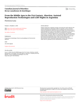 From the Middle Ages to the 21St Century. Abortion, Assisted Reproduction Technologies and LGBT Rights in Argentina Florencia Luna