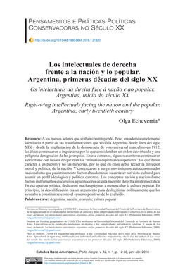 Los Intelectuales De Derecha Frente a La Nación Y Lo Popular. Argentina, Primeras Décadas Del Siglo XX Os Intelectuais Da Direita Face À Nação E Ao Popular