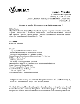 Council Minutes (Community Recognition) January 29, 2014, 7:00 PM Council Chamber, Anthony Roman Markham Civic Centre Meeting No