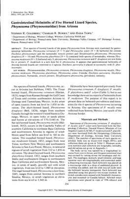 Gastrointestinal Helminths of Five Horned Lizard Species, Phrynosoma (Phrynosomatidae) from Arizona