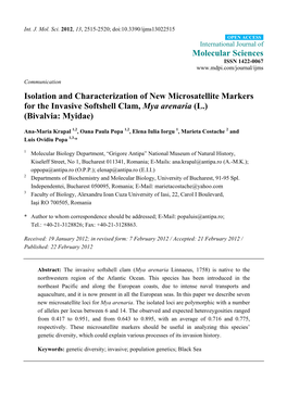 Isolation and Characterization of New Microsatellite Markers for the Invasive Softshell Clam, Mya Arenaria (L.) (Bivalvia: Myidae)