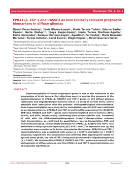 EPB41L3, TSP-1 and RASSF2 As New Clinically Relevant Prognostic Biomarkers in Diffuse Gliomas