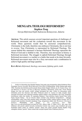 MENGAPA TEOLOGI REFORMED?1 Stephen Tong Gereja Reformed Injili Indonesia Kemayoran, Jakarta