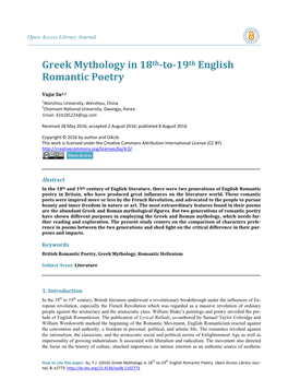 Greek Mythology in 18Th-To-19Th English Romantic Poetry