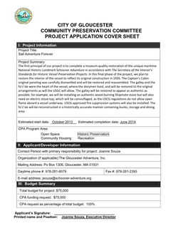 City of Gloucester Community Preservation Committee Project Application Cover Sheet