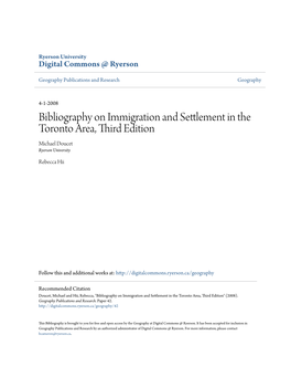 Bibliography on Immigration and Settlement in the Toronto Area, Third Edition Michael Doucet Ryerson University