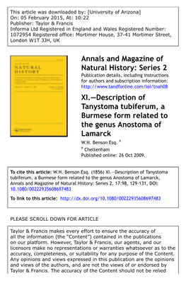 Description of Tanystoma Tubiferum, a Burmese Form Related to the Genus Anostoma of Lamarck W.H