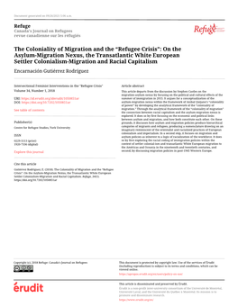 The Coloniality of Migration and the “Refugee Crisis”: on the Asylum-Migration Nexus, the Transatlantic White European Settl