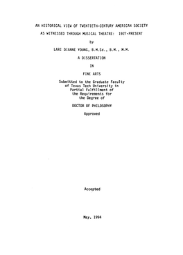 An Historical View of Twentieth-Century American Society As Witnessed Through Musical Theatre: 1927-Present