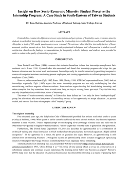 Insight on How Socio-Economic Minority Student Perceive the Internship Program: a Case Study in South-Eastern of Taiwan Students