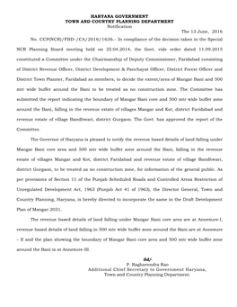 HARYANA GOVERNMENT TOWN and COUNTRY PLANNING DEPARTMENT Notification the 13 June, 2016