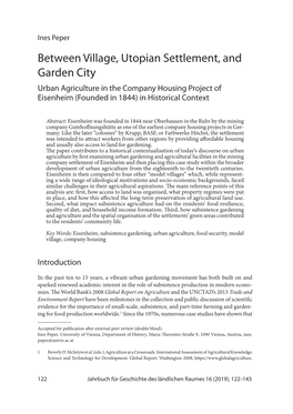 Between Village, Utopian Settlement, and Garden City Urban Agriculture in the Company Housing Project of Eisenheim (Founded in 1844) in Historical Context