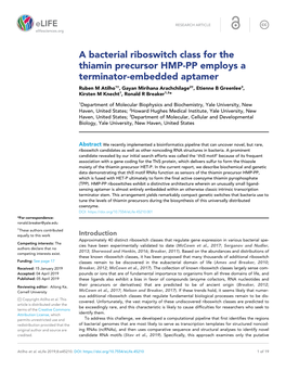 A Bacterial Riboswitch Class for the Thiamin Precursor HMP-PP Employs