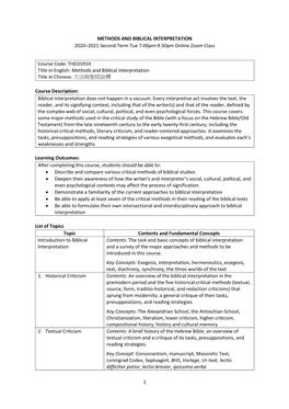 1 METHODS and BIBLICAL INTERPRETATION 2020–2021 Second Term Tue 7:00Pm-9:30Pm Online Zoom Class Course Code: THEO5914 Title In
