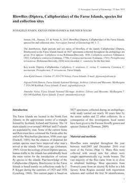 Blowflies (Diptera, Calliphoridae) of the Faroe Islands, Species List and Collection Sites