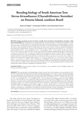 Breeding Biology of South American Tern Sterna Hirundinacea (Charadriiformes: Sternidae) on Deserta Island, Southern Brazil