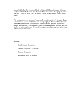 Alyssa M. Checkai. the Function of Gods in Modern Children's Literature: a Content Analysis of the Gods' Roles in Rick Riord