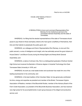 A RESOLUTION to Honor and Commend Representative Ron Ramsey for His Meritorious Service to the Tennessee General Assembly and the State of Tennessee