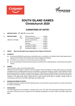 SOUTH ISLAND GAMES Christchurch 2020