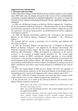 Suggested Issues and Questions 1. Structure and Ownership A) Have There Been Changes in the Structure of Your Railway System In